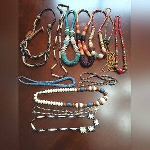 Vintage Assorted Boho, Wooden Love Beads, Resin, Shell, Stone Necklaces (11)